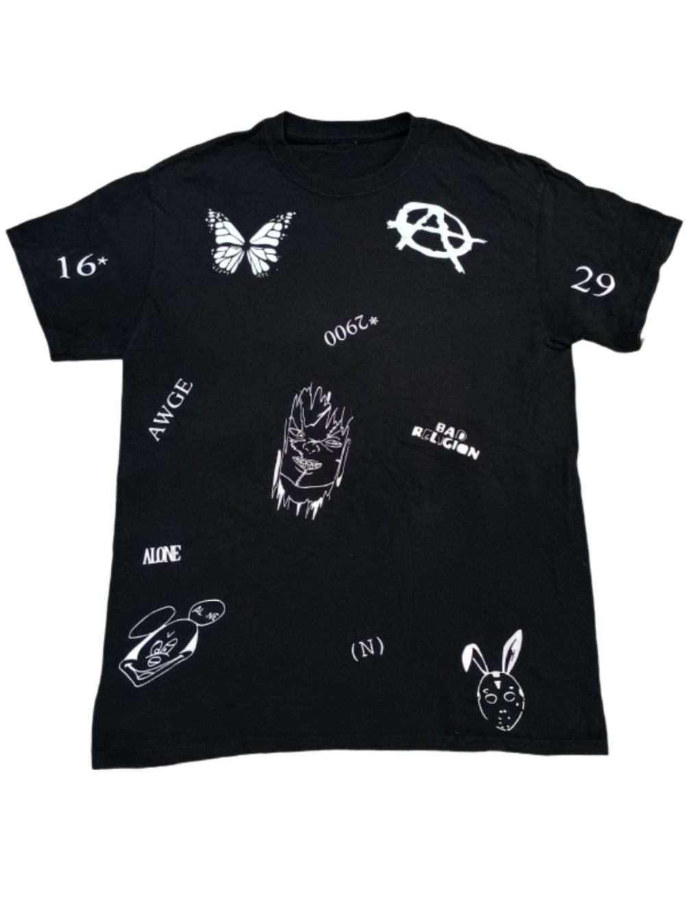 Black Graphic Tee with White Punk Illustrations
